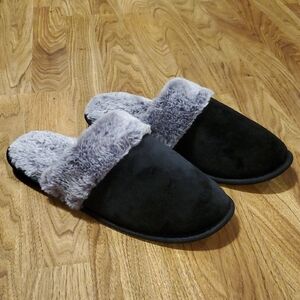 Charter Club Black Faux Suede Gray Faux Fur Scuff Slippers Womens XLarge 11-12